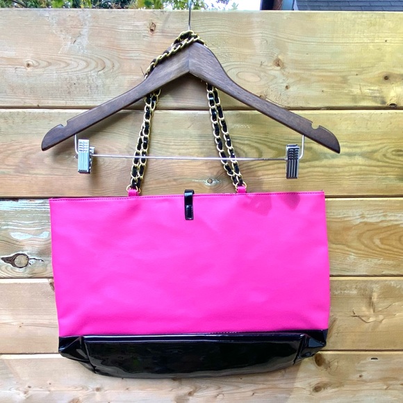 Juicy Couture Glam Tote Bag Pink Black Patent Leather Gold Chain Purse - Picture 5 of 8